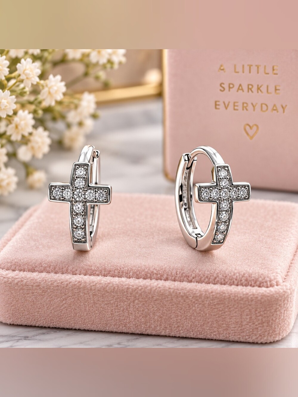 Silver Cross Hoop Huggie Earrings NEW